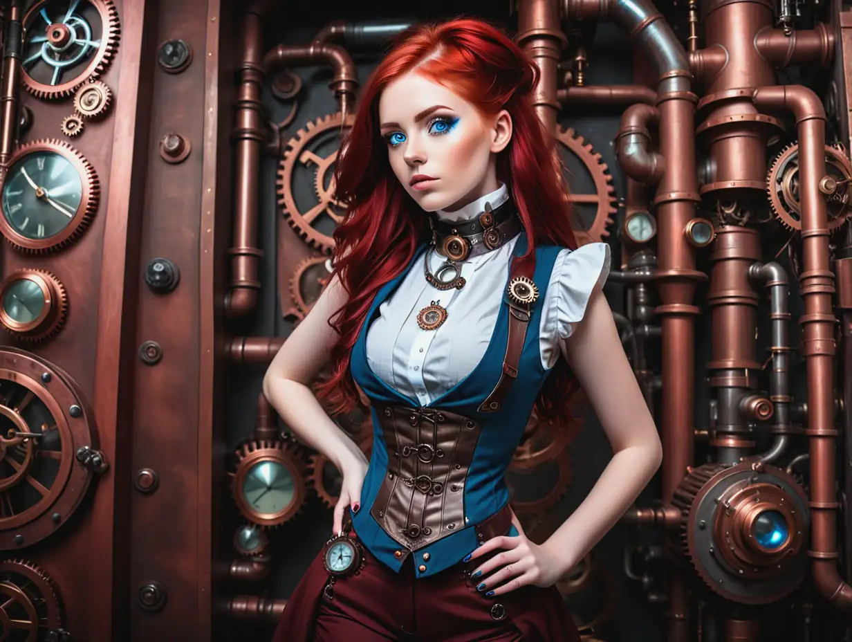 A beautiful girl with shining blue eyes and red hair. Steampunk style sleeveless and high-collared clothes. Full height, view from below