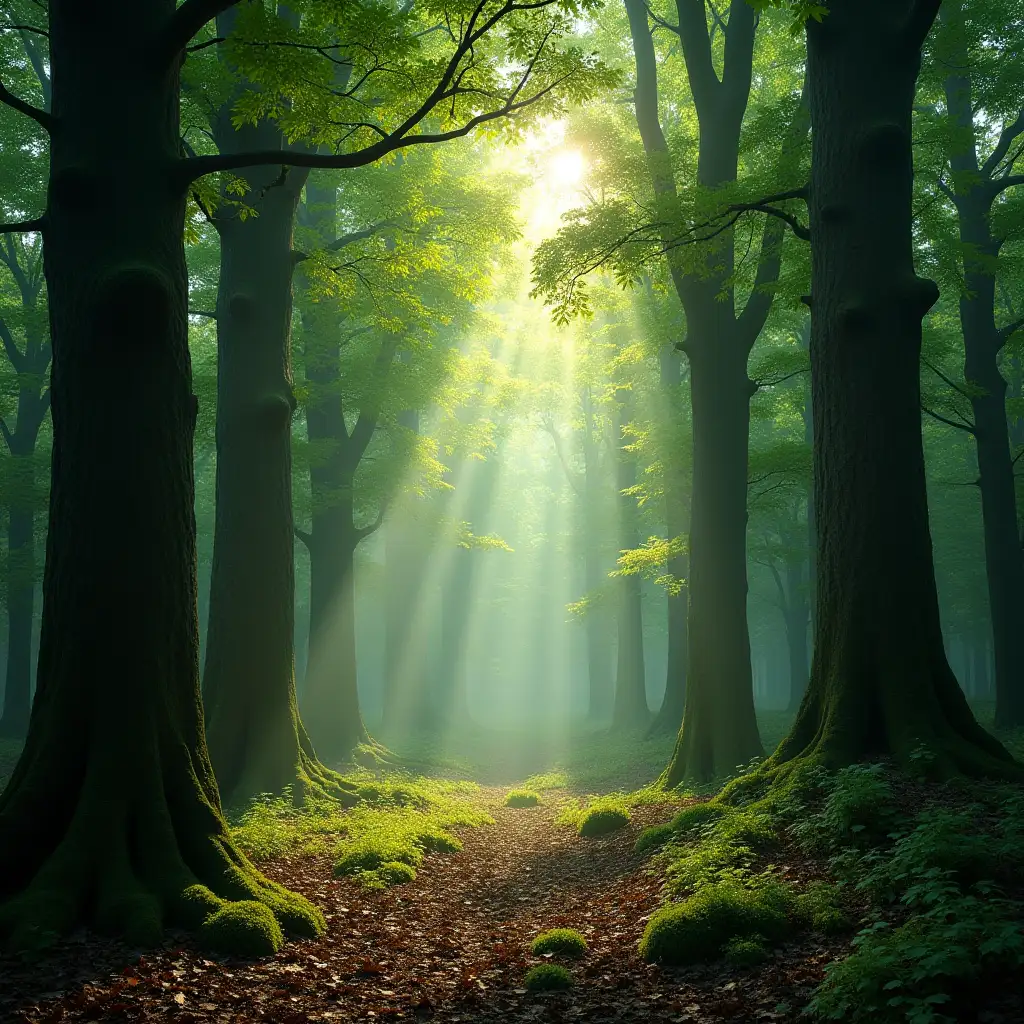 Background: Lush forest with towering trees. Sunlight penetrates the leaves, creating dramatic patterns of light and shadow. On the ground, you can see dry leaves and moss covering the ground.realistic,photografi.