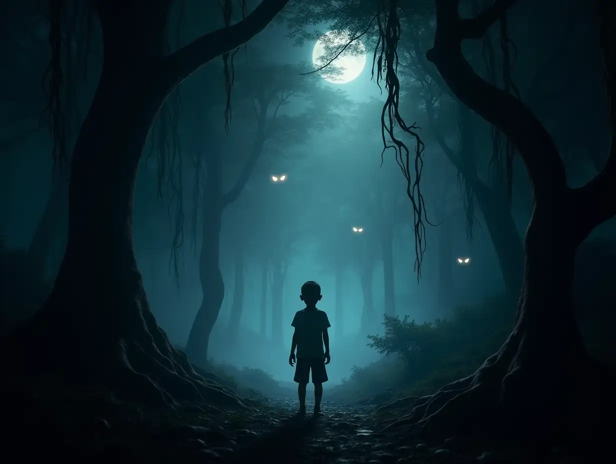 A mysterious, dense dark jungle illuminated by faint moonlight filtering through the thick canopy of trees. In the center of the scene, a young boy stands still, his silhouette highlighted by a soft glow. The boy is dressed in simple clothes, his expression calm yet curious, as if he's discovering something magical. The surroundings are filled with twisting vines, ancient trees, and an eerie mist hanging low to the ground. In the background, the faint outlines of glowing eyes peek through the shadows, adding a sense of wonder and intrigue. The atmosphere is both mystical and slightly suspenseful.