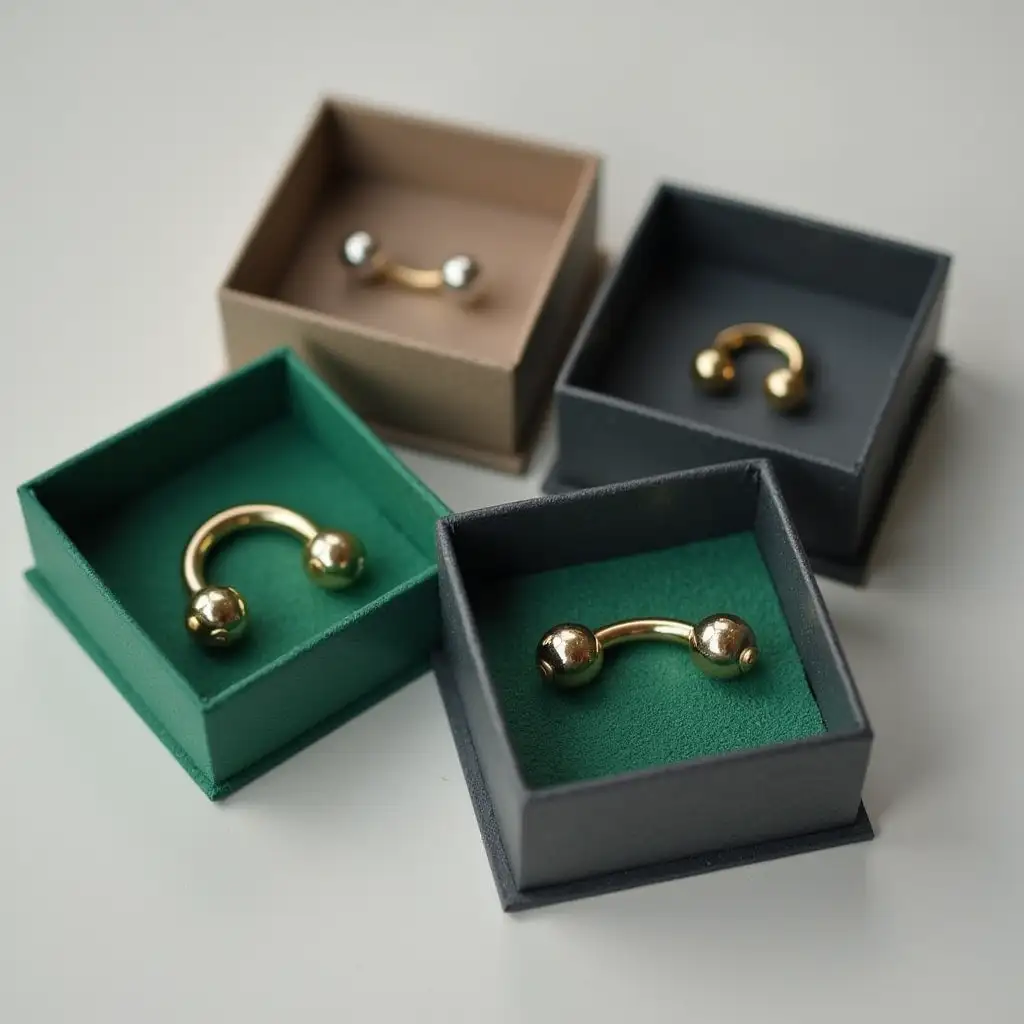 Rook piercing jewelry deserves packaging that mirrors its edgy yet refined charm. Our eco-friendly paperboard boxes, available in 3x3-inch and 4x4-inch sizes, boast a textured matte finish in earthy tones like charcoal grey and emerald green. Foam inserts are precision-cut to cradle curved barbells or hoops securely, while magnetic closures enhance functionality and elegance. Let Richpack design packaging that showcases your rook jewelry's unique allure. Contact us now for a custom quote.