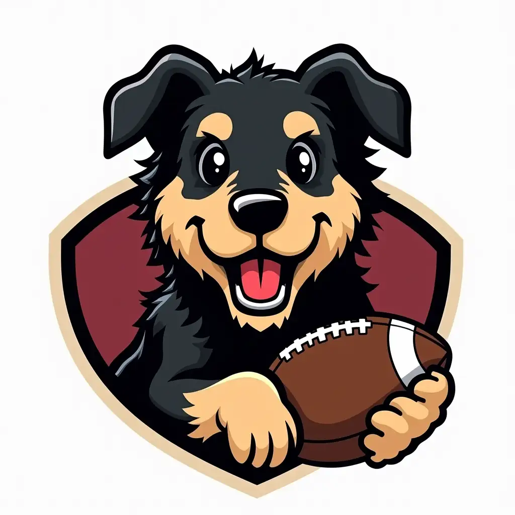 Mascot for fantasy football league Rizzlers, black and tan short hair Australian Shepard mini schnauzer mix dog barking, sports logo, solid colors