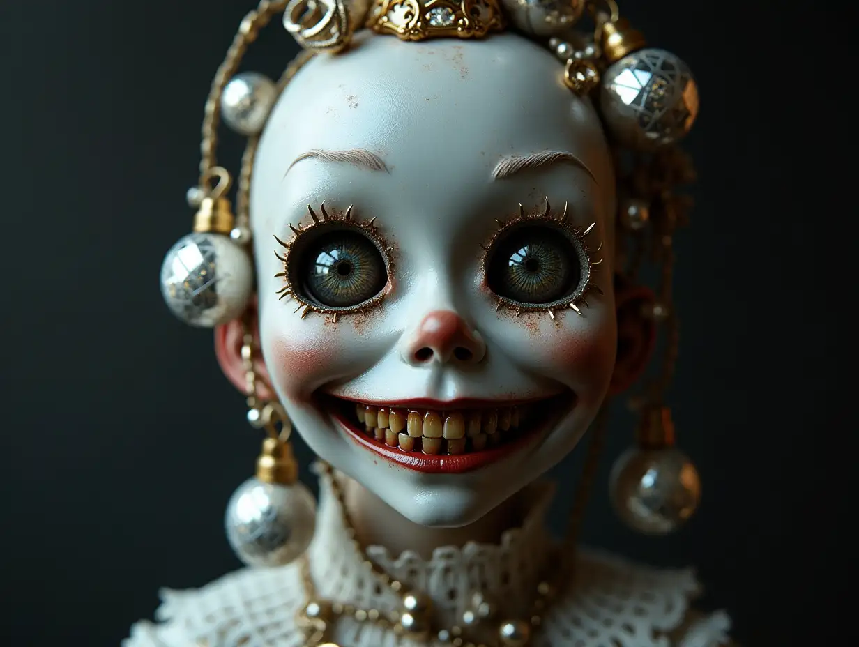 Cyber Weihnachtsmann with Porcelain Head, with Silver Ornaments, gold teeth Steampunk 100 mm Resolution Creepy