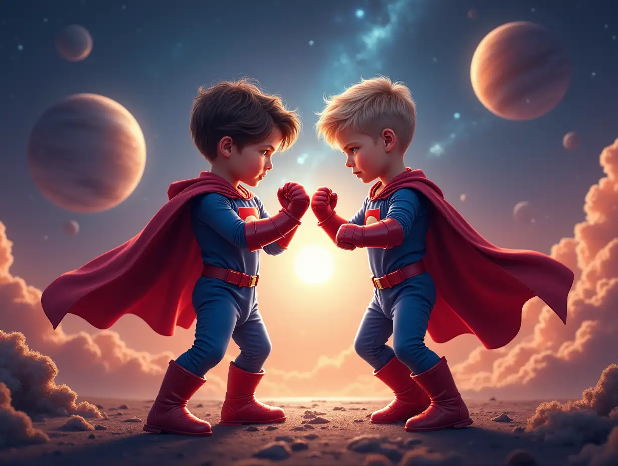 Create a realistic image of two boy children, they are standing facing each other in fighting stances, with open outer space and planets in the background, the image is done in bright saturated colors, children are dressed in Marvel costumes, children full length