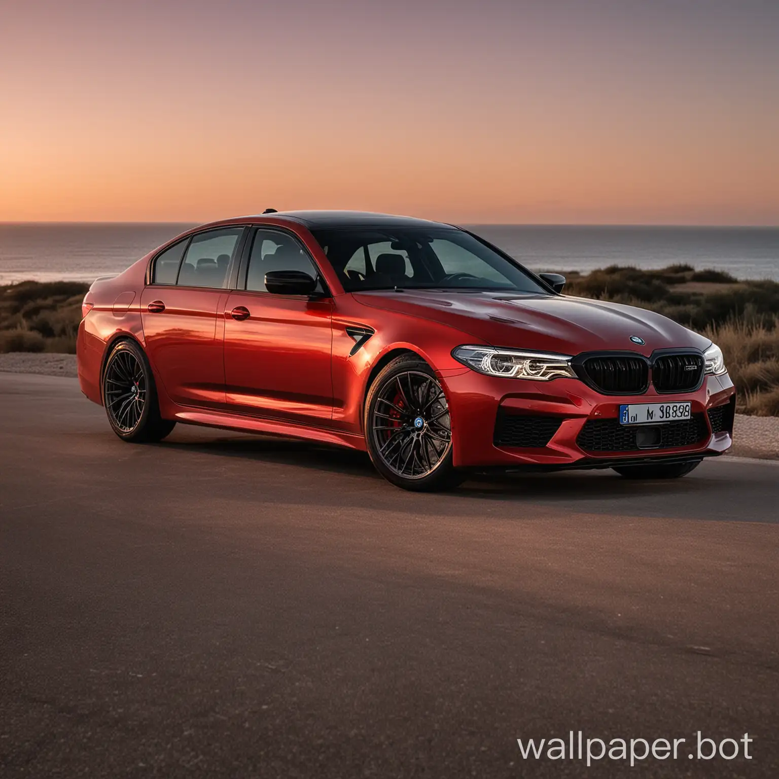 red bmw M5 competition with a sunset
