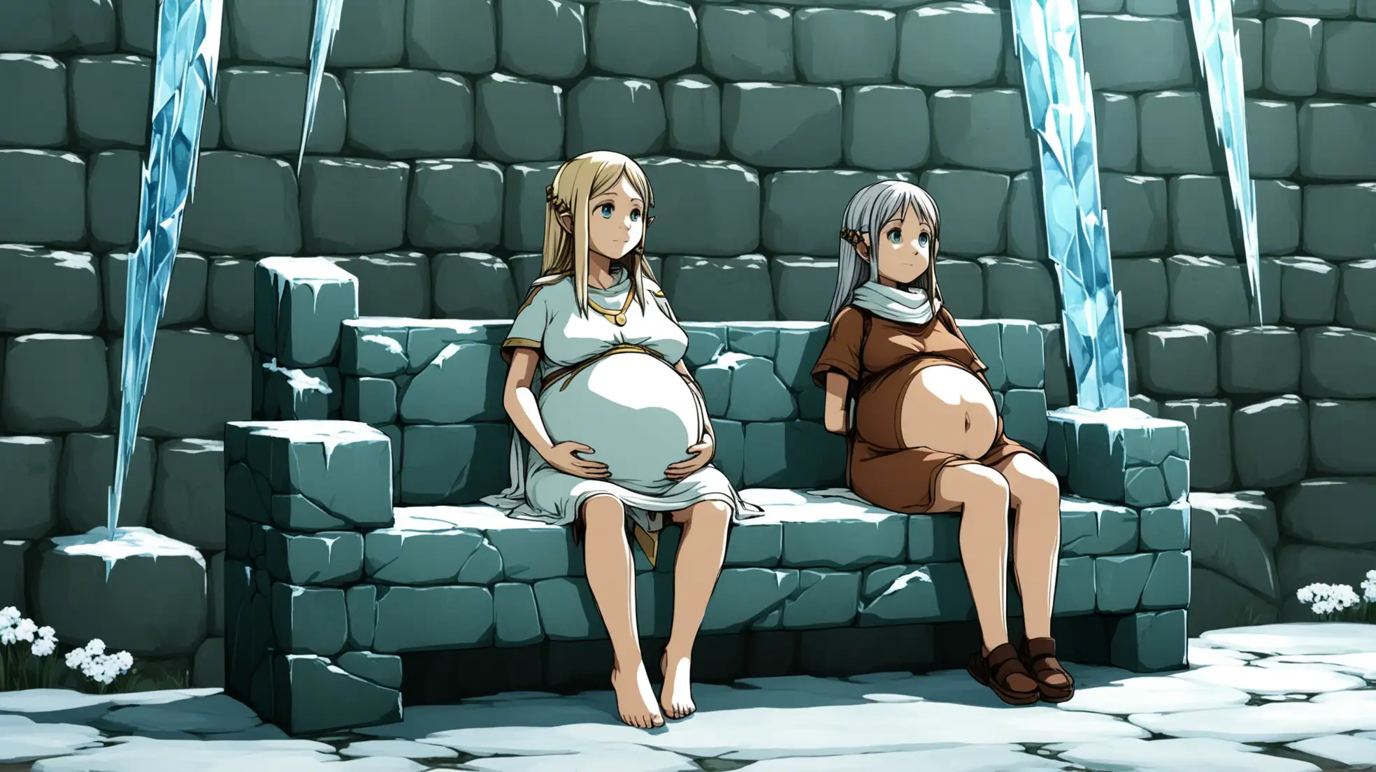 (Team ICO inspired) Ice and a pregnant-Yorda, sitting on a stone couch.