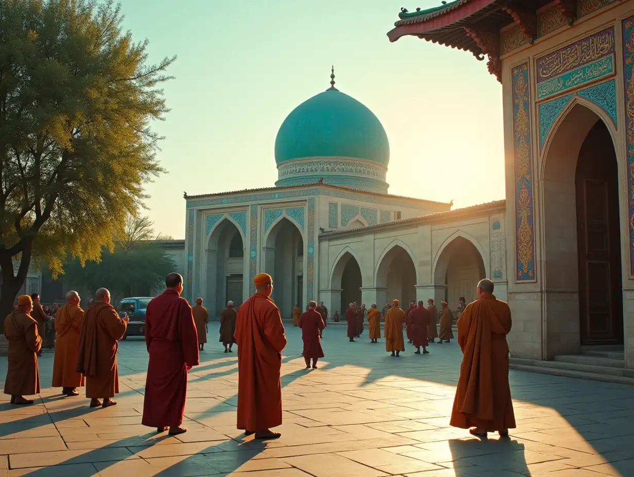 Wide shot of a Chinese-Iranian mosque, turquoise dome with Persian calligraphy inscriptions, Buddhist monks and Muslim imams engaged in peaceful dialogue in the courtyard, Silk Road caravans passing in the background, turquoise-white color palette under soft sunset light, intricate blend of Islamic and East Asian architectural elements, historical fusion of cultures, detailed textures, cinematic composition, symbolic cultural unity --ar 16:9 --v