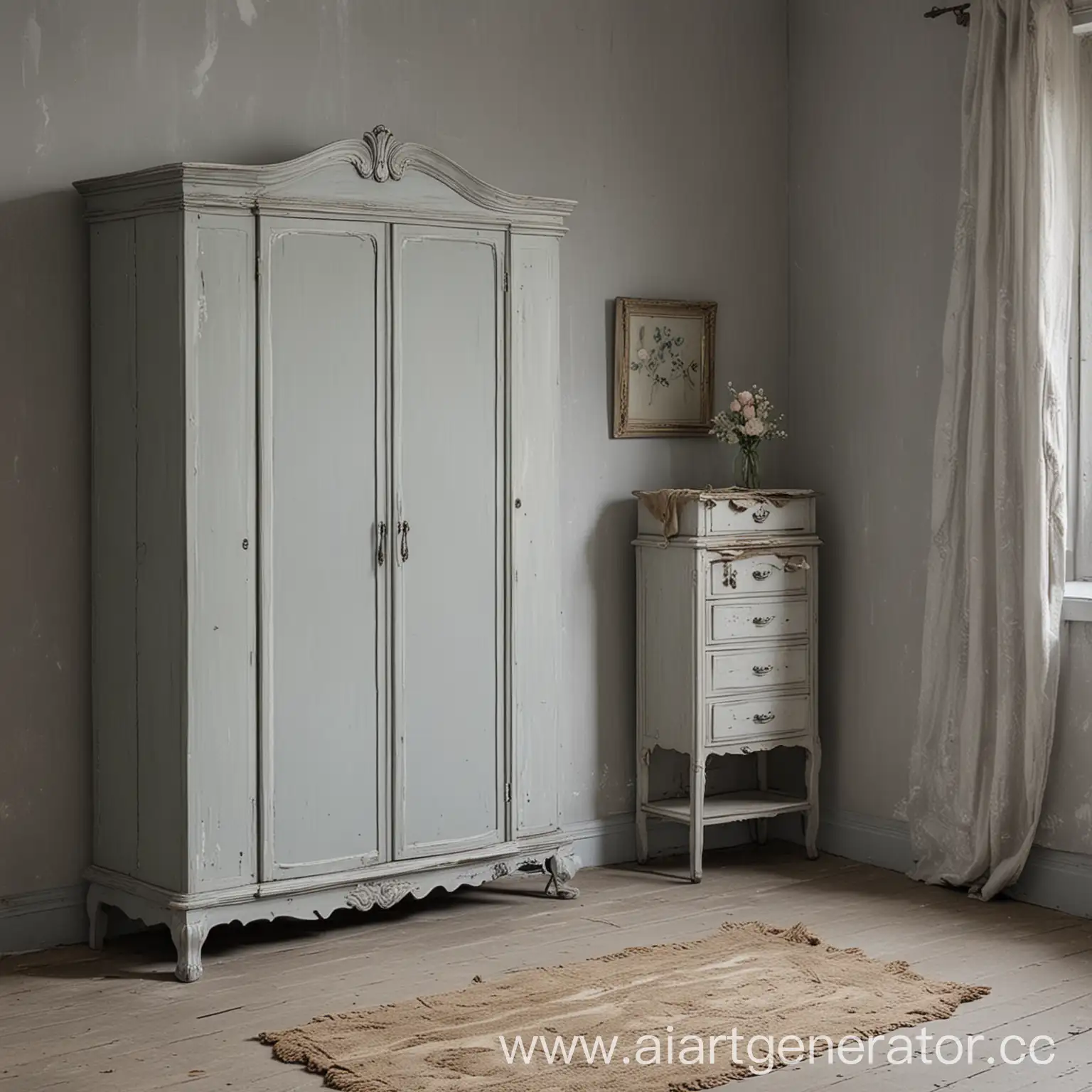 Vintage-Room-with-Old-Wardrobe-Table-and-Shabby-Bed