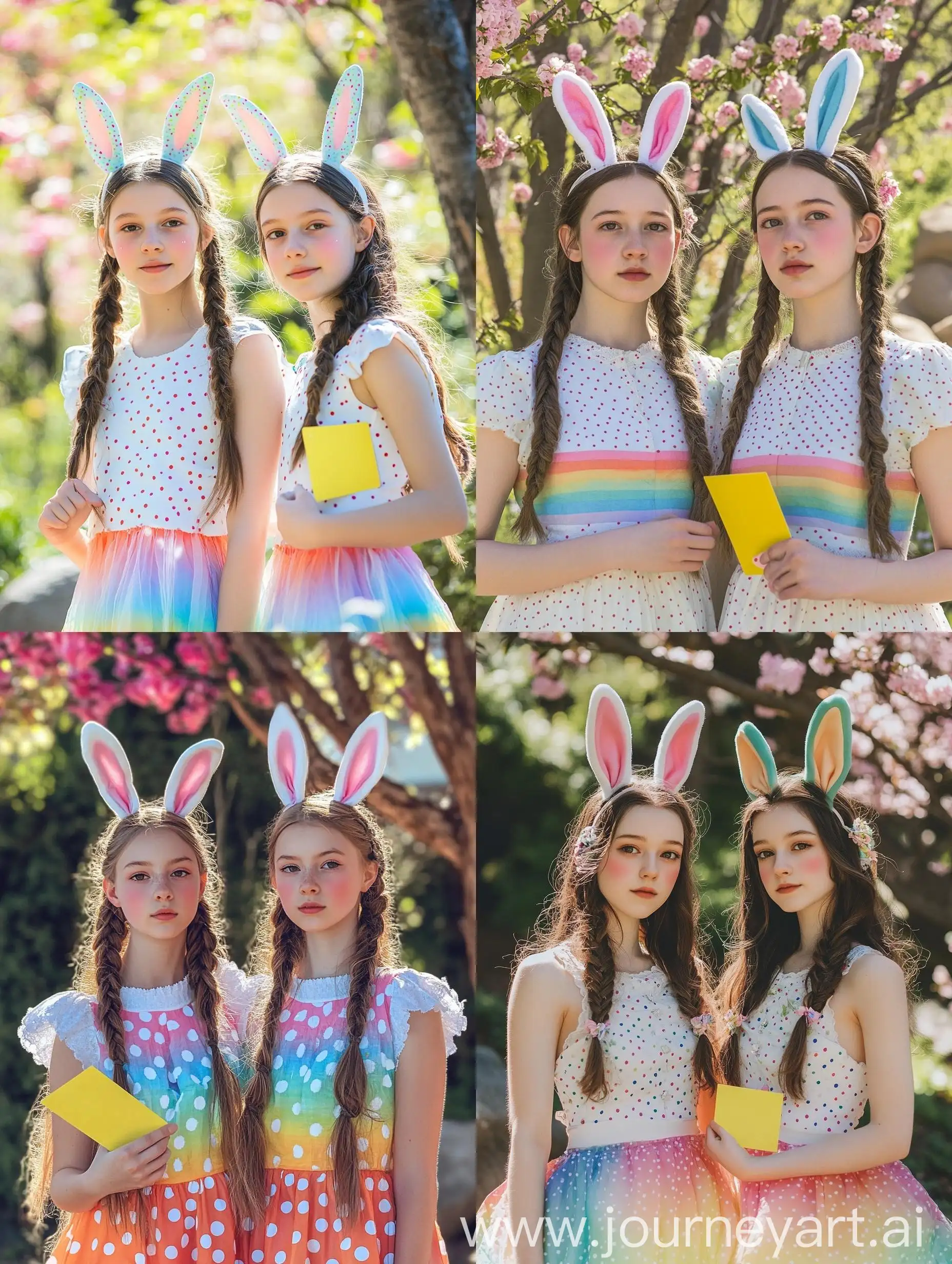 Whimsical-Scene-of-Two-Young-Women-Dressed-as-Colorful-Bunnies