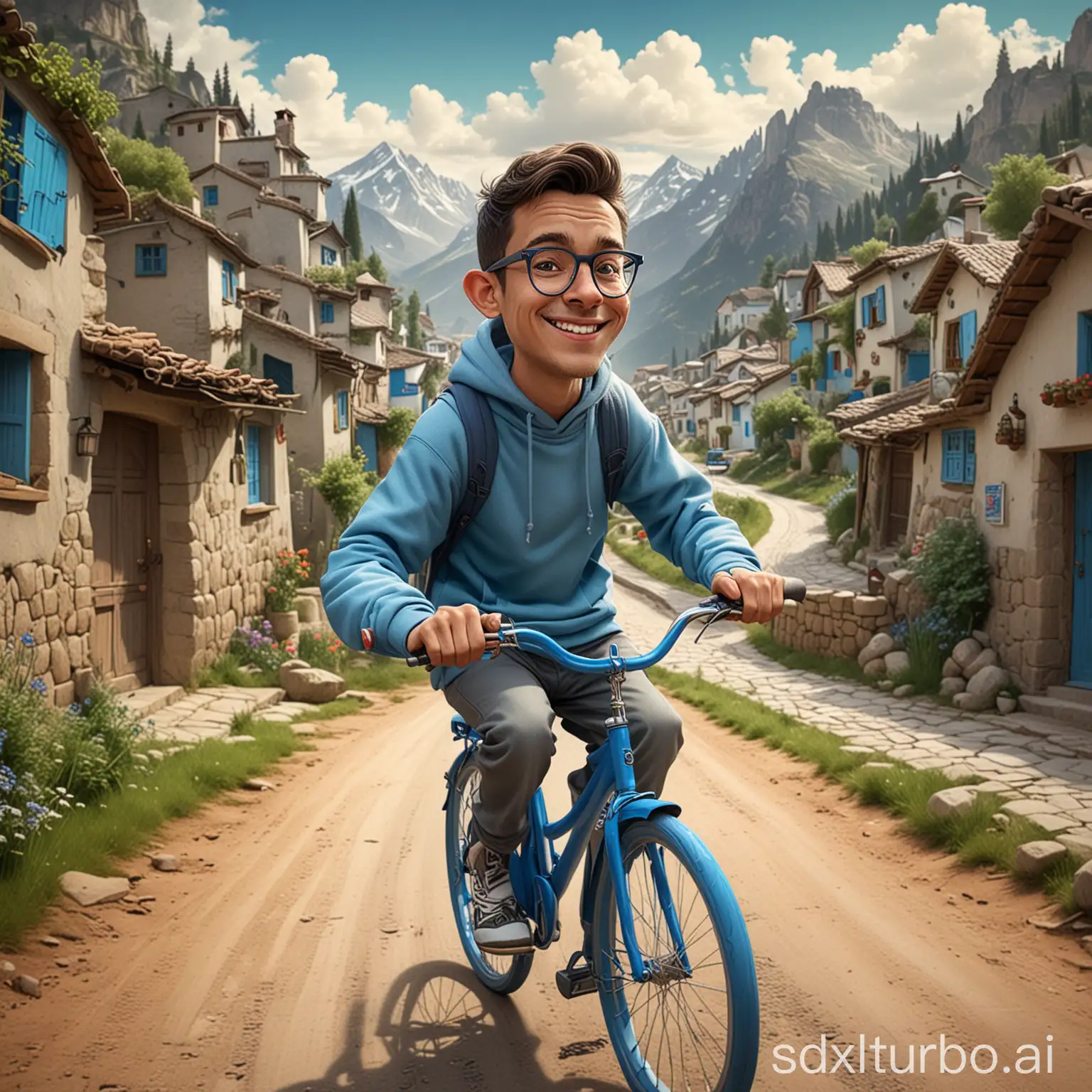 4d Caricature Design A young man with glasses and a hoodie, riding a blue bicycle down a winding road in a mountainous village.