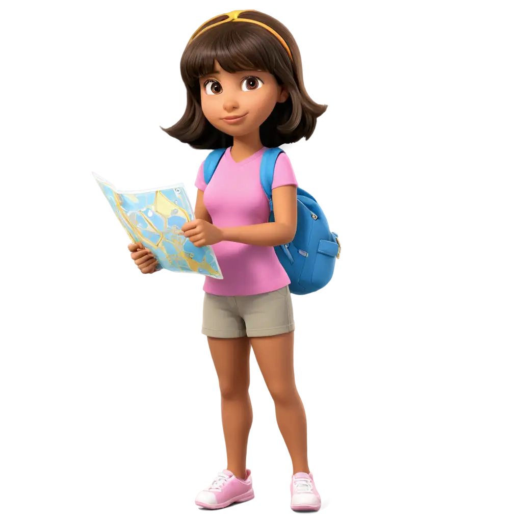 Dora-the-Cartoon-Character-Thinking-About-a-Rumpled-Map-Full-Body-PNG-Image-for-Creative-Projects