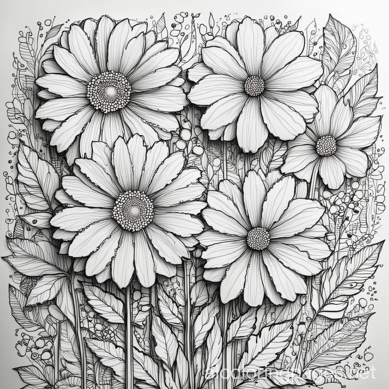 florals, thick lines, abstract flowers, Coloring Page, black and white, line art, white background, Simplicity, Ample White Space. The background of the coloring page is plain white to make it easy for young children to color within the lines. The outlines of all the subjects are easy to distinguish, making it simple for kids to color without too much difficulty