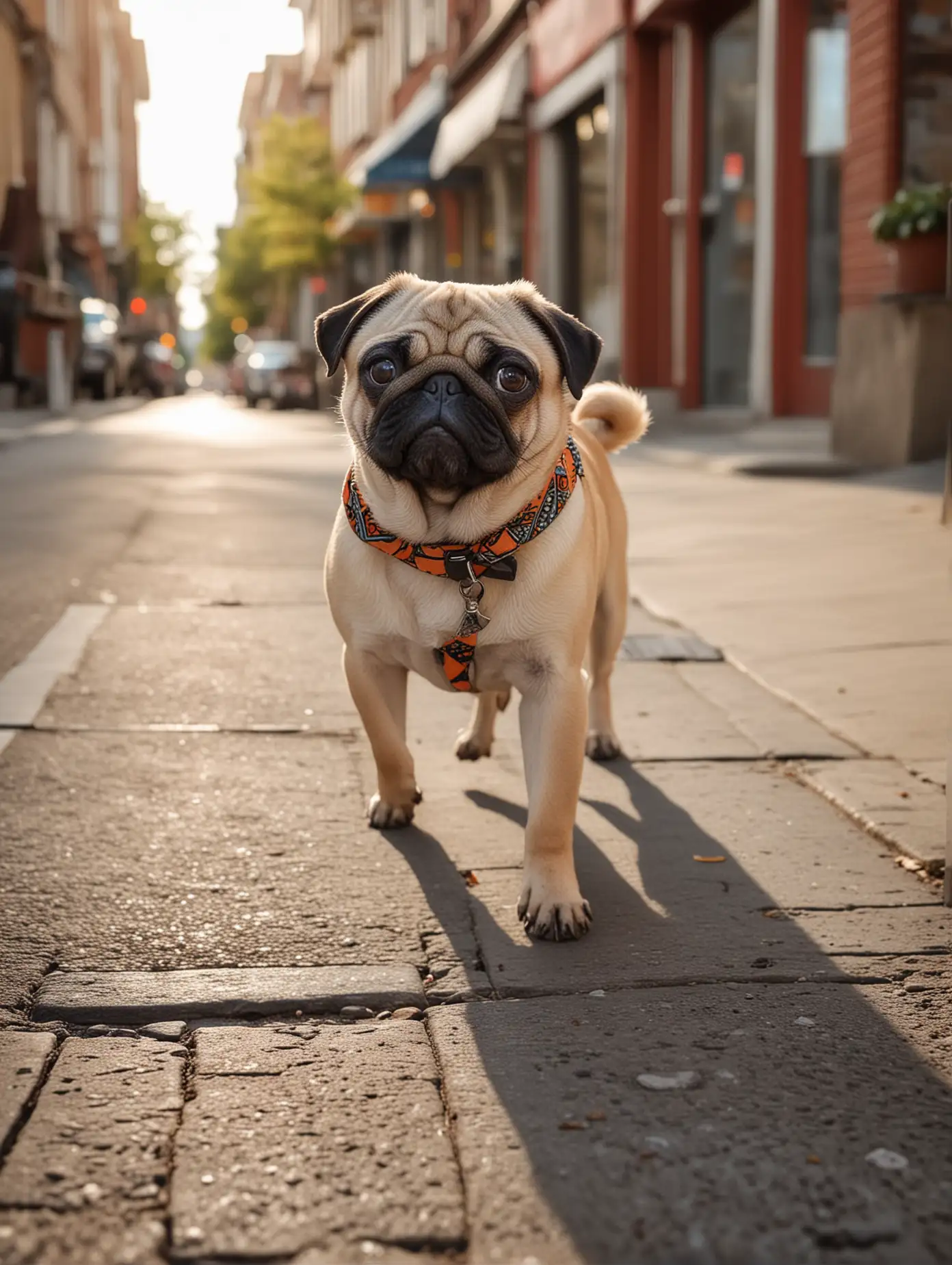 Apricot-Pug-Walking-Down-a-Sunny-City-Street-with-People-and-Storefronts