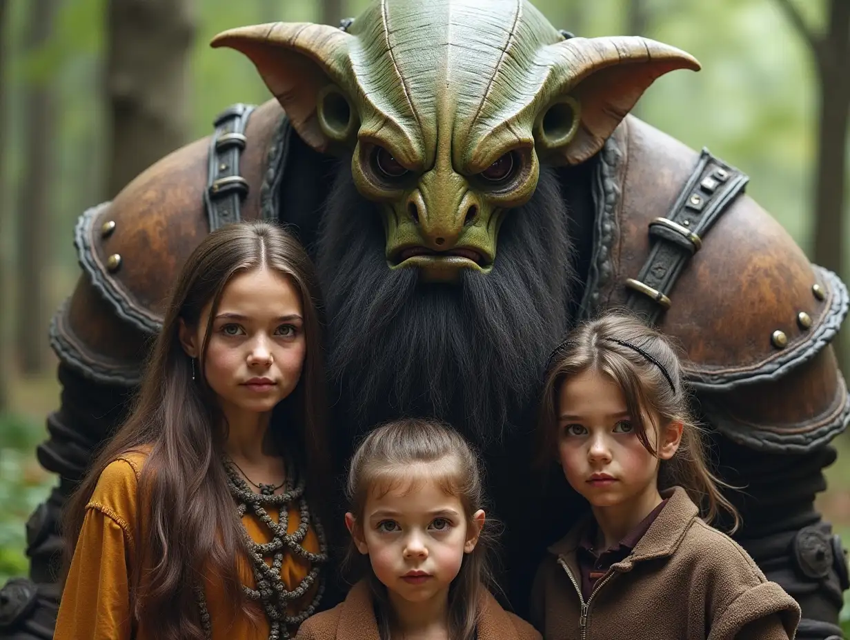 Ki-Fantasy family,Man,Woman, and Children, giant alien face with beard and with wooden armor equipment