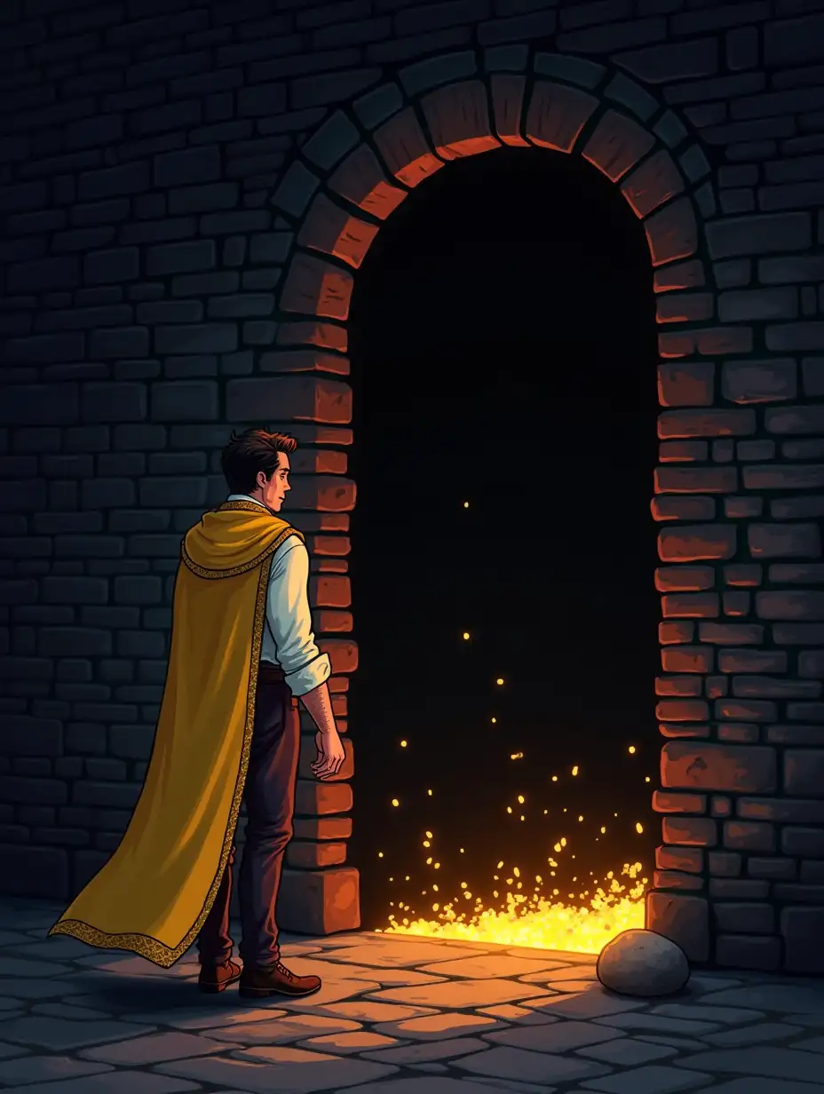 a pixel gameplay screenshot of a lucasarts style adventure game, a handsome male protagonist with flowing yellow brocade cape has drawn a black doorway on a brick wall and between the cracks golden glows appear