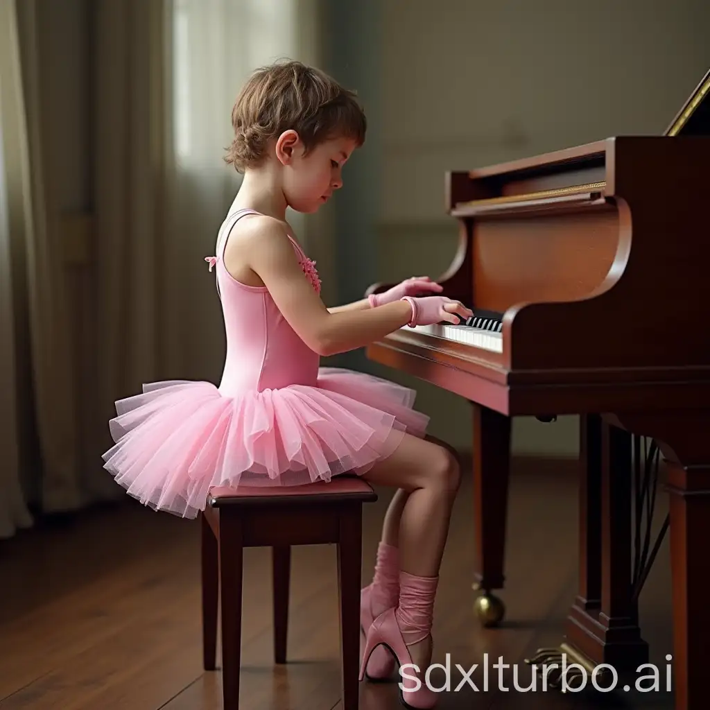 Gender-Role-Reversal-Nervously-Cute-Boy-in-Ballet-Attire-Playing-Piano