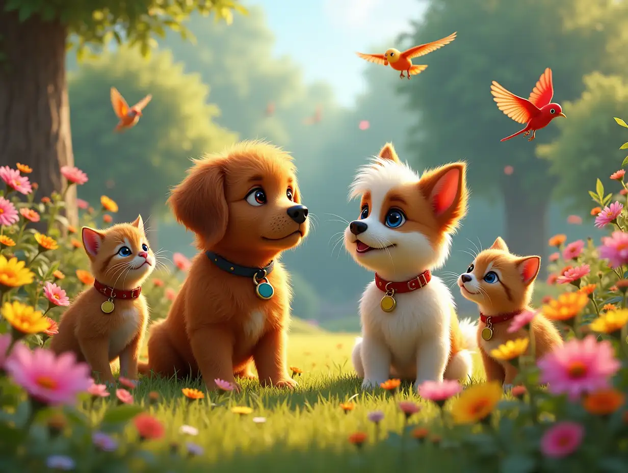 Dogs, and cats and birds playing with colored flowers with the children, in a very vivid colors garden pixar, disney