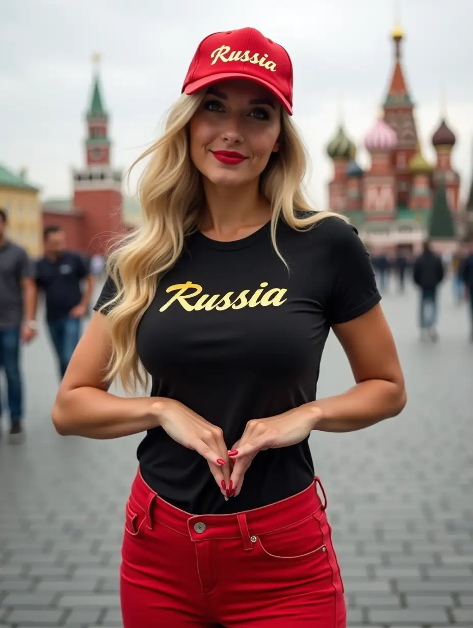 a realistic excited charming beautiful attractive pretty cute sexy 40 year old blonde mom, with long beautiful hair, in bright makeup with red shiny lips. With small fingers on her hands, wide hips and beautiful strong thick legs and a very large breast. Wearing a tight fitting black t-shirt with a golden inscription 'Russia' and tight bright red new jeans. With a red baseball cap on her head with a golden inscription 'Russia'. Stands against the background of Red Square opposite the Kremlin in Moscow. With fingers forming a heart shape. Very realistic, contrasting and detailed.