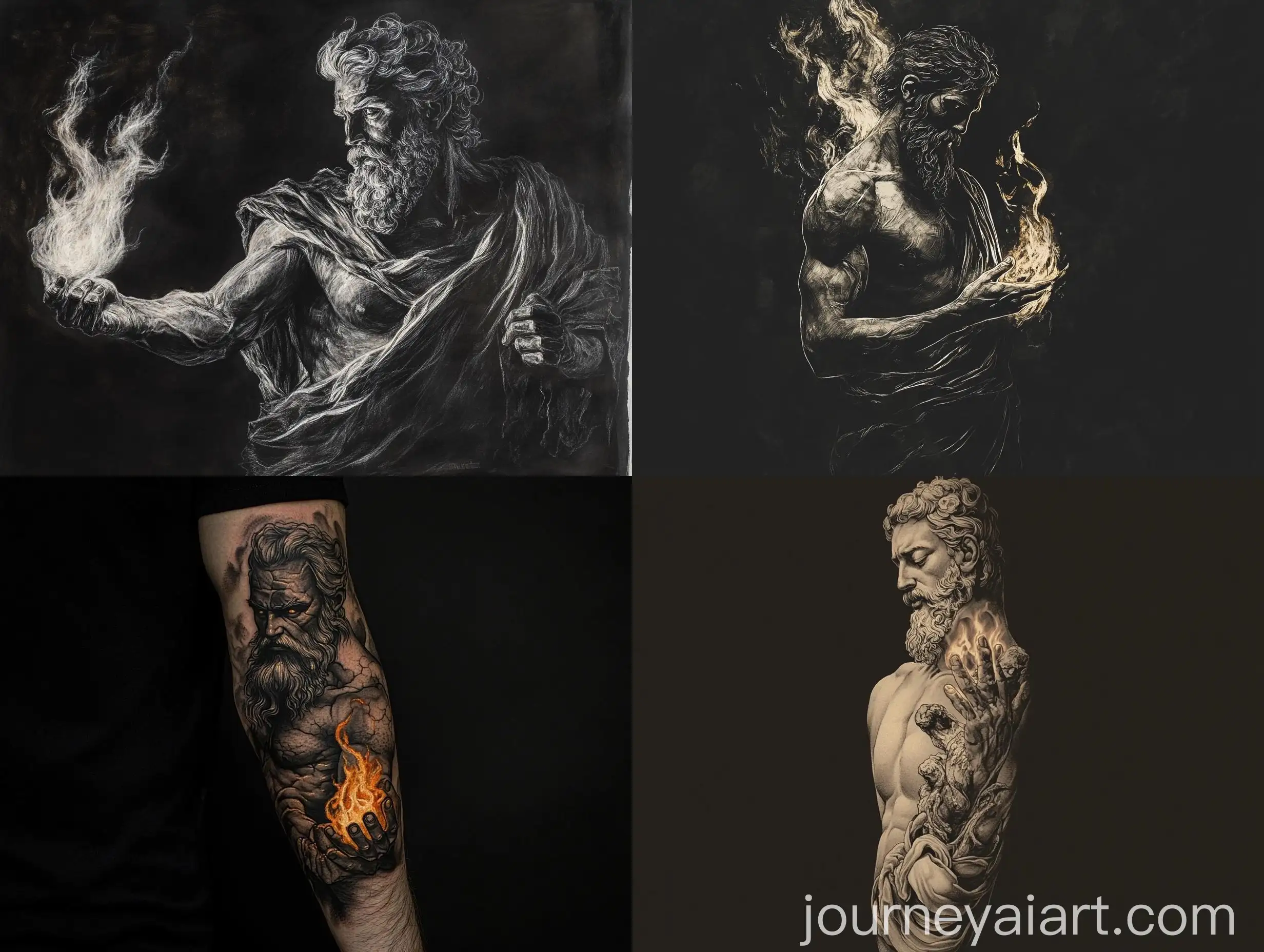 Prometheus-Tattoo-Sleeve-in-Blackwork-Style-with-Fire-Focus
