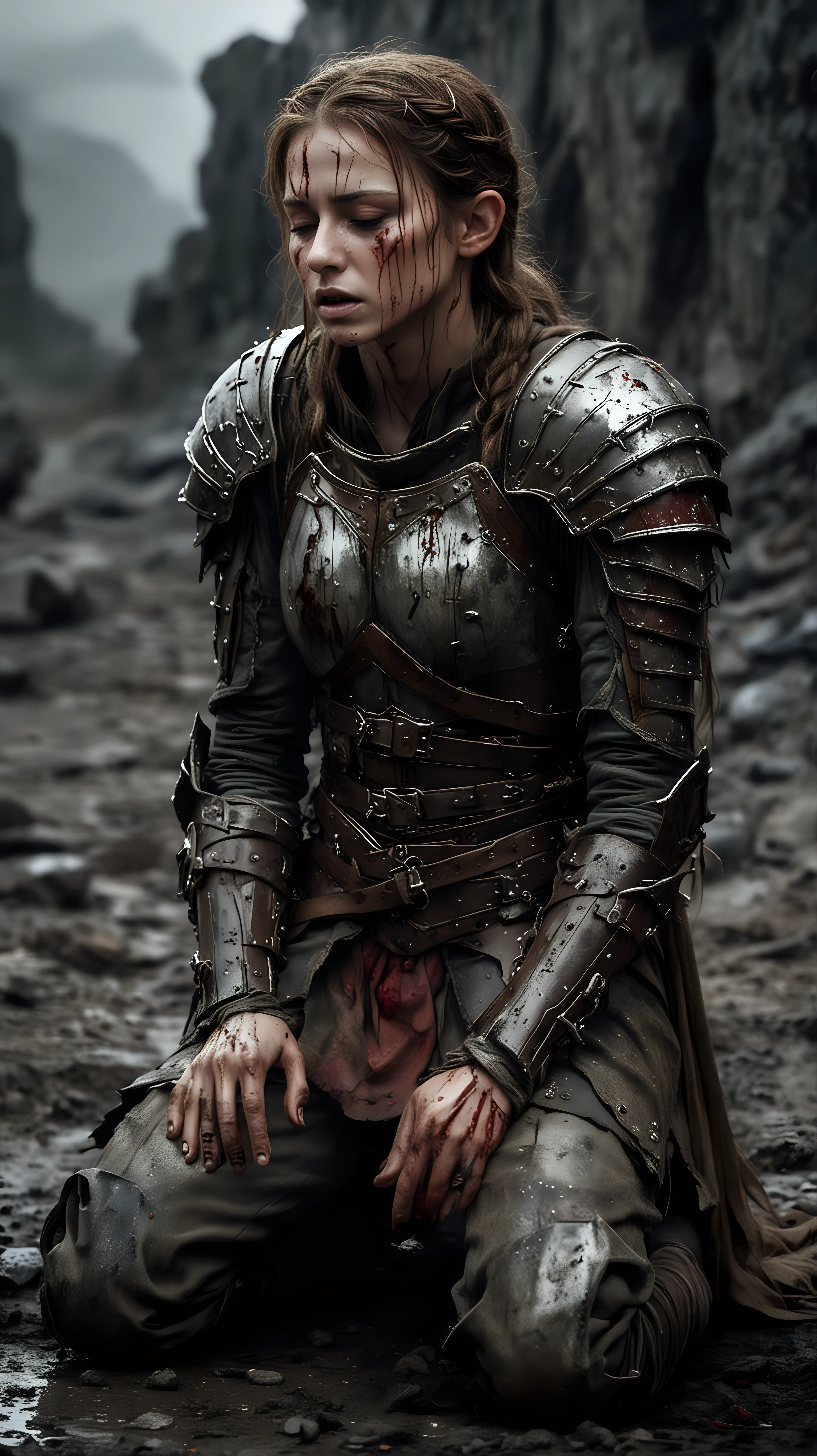 Elf princess with brown hair and light damaged armour wounded with a heavily bruised face, bleeding wounds, battle worn, blackened eyes, covered in blood and dirt, who is kneeling on a desolate battlefield at a dark night. She is suffering with closed eyes and tortured with agonizing pain.