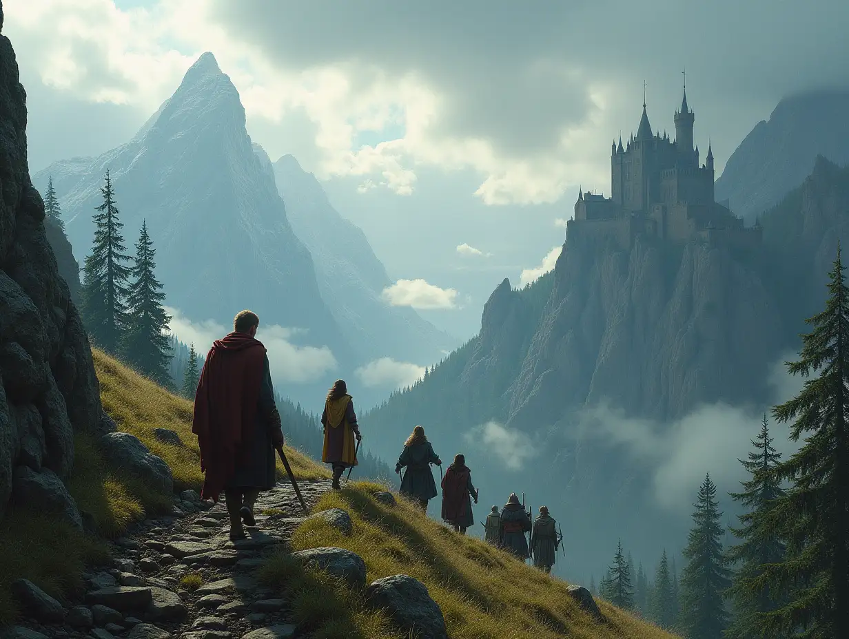 Depict an epic scene with heroes traversing mountain peaks and forests of Middle-earth. A fortress is visible in the distance, with dramatic clouds looming over the landscape.