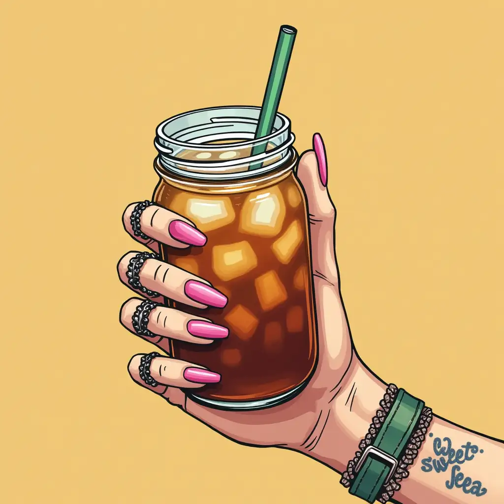 Woman-Holding-Iced-Sweet-Tea-in-a-Glass-Jar-with-Pink-Nails-and-Boho-Rings