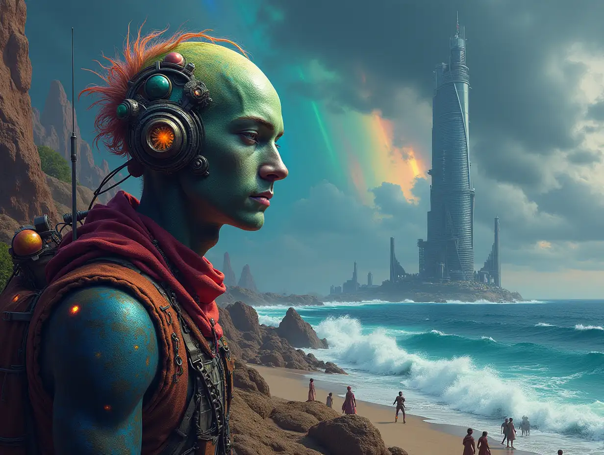 Hyperrealistic portrait of a multiverse time traveler with various alien beings-detailed, colorful oasis with dark clouds and a futuristic glass tower in the background, the sea with giant waves