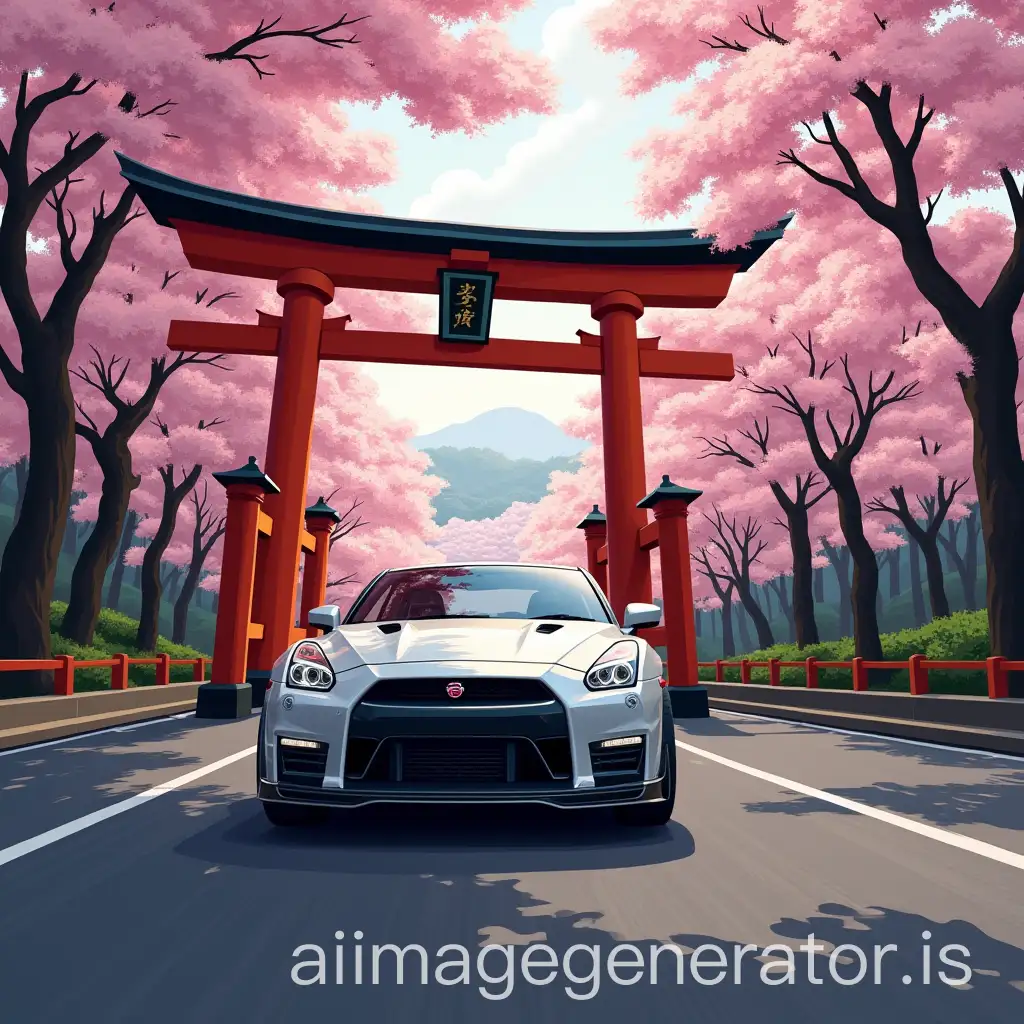 Nissan-Skyline-Driving-Through-a-Torii-Gate-with-Cherry-Blossoms-in-Japan