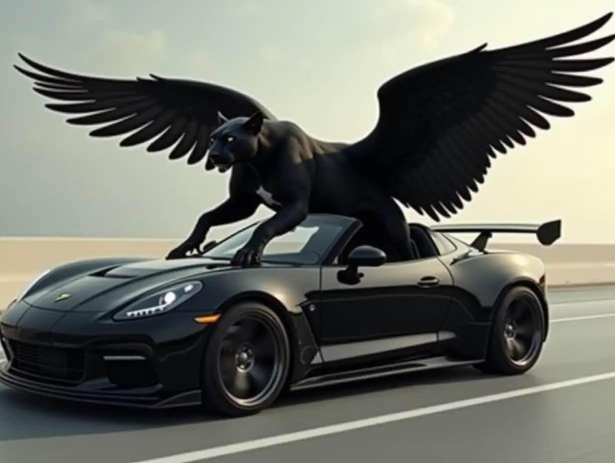 Create a black sports car with a black winged puma, as if they were racing at the same time.