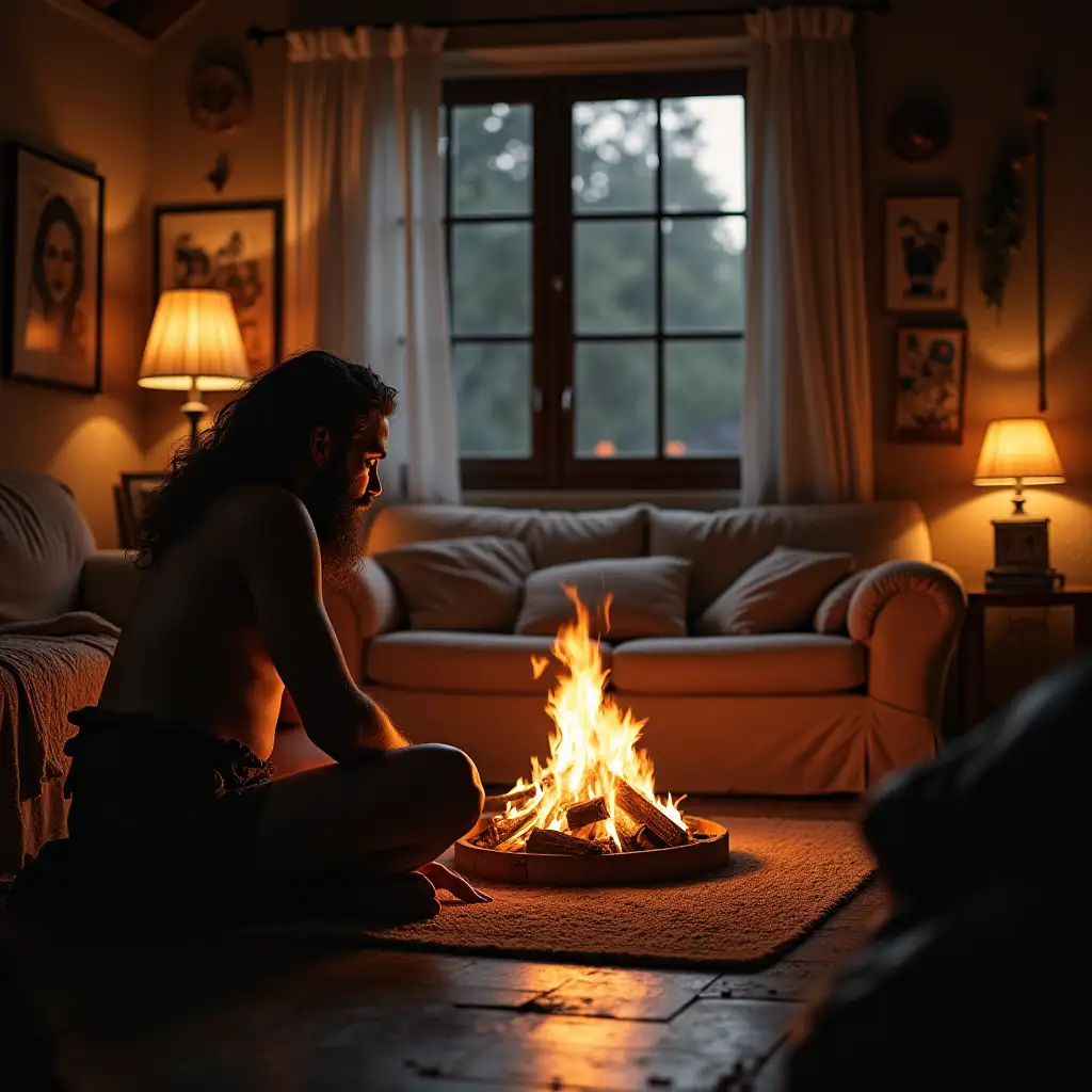 Prehistoric-Man-Sitting-Next-to-Bonfire-in-Modern-Apartment