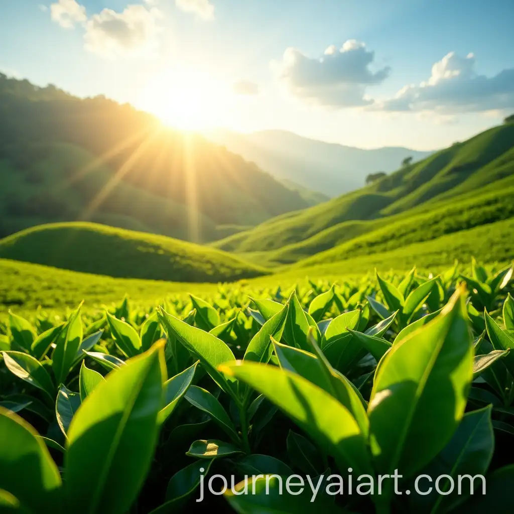 Serene-Tea-Plantation-Landscape-with-Golden-Sunlight-and-Lush-Greenery