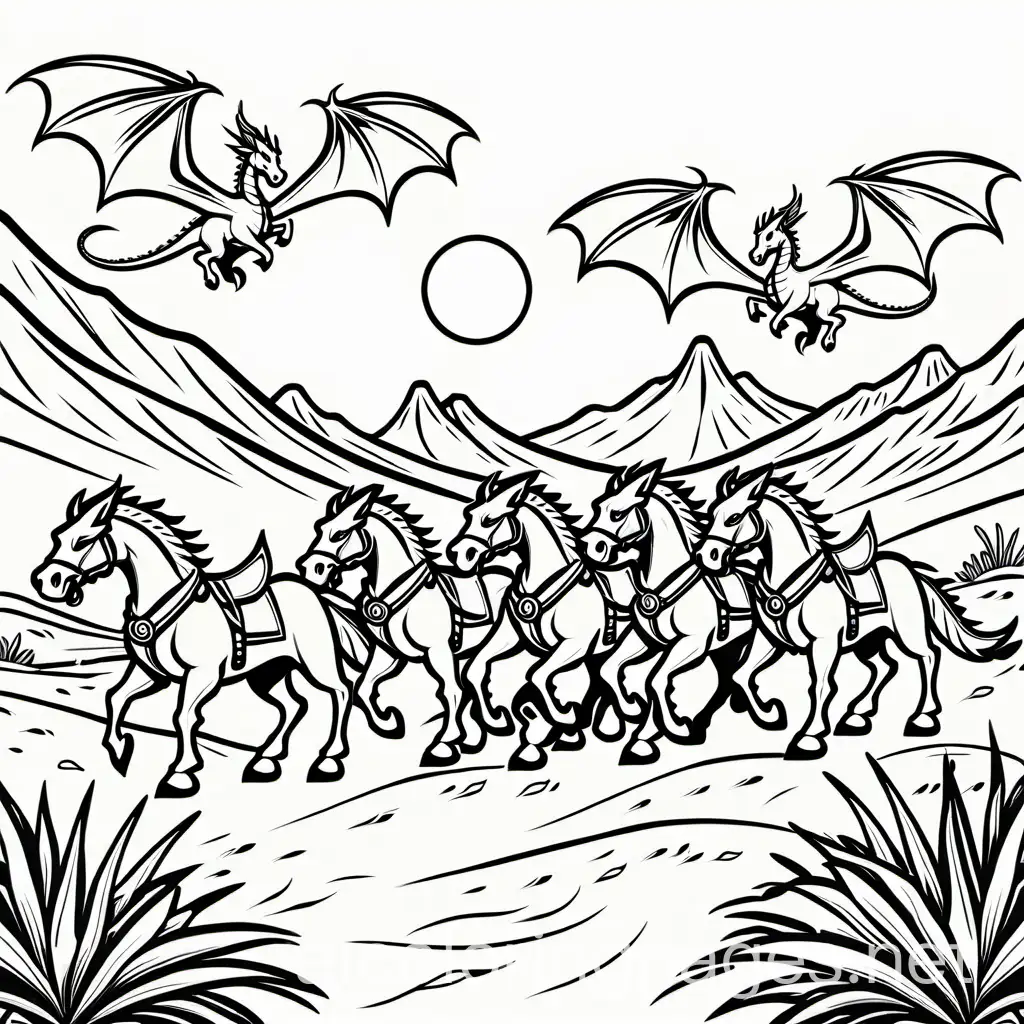 Knight-on-Horseback-Encountering-Five-Dragons-in-Desert-Coloring-Page