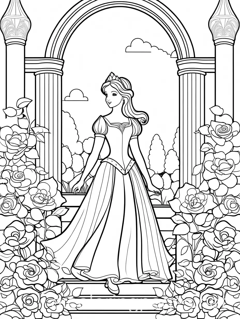 Rose-Garden-Princess-Coloring-Page-Black-and-White-Line-Art