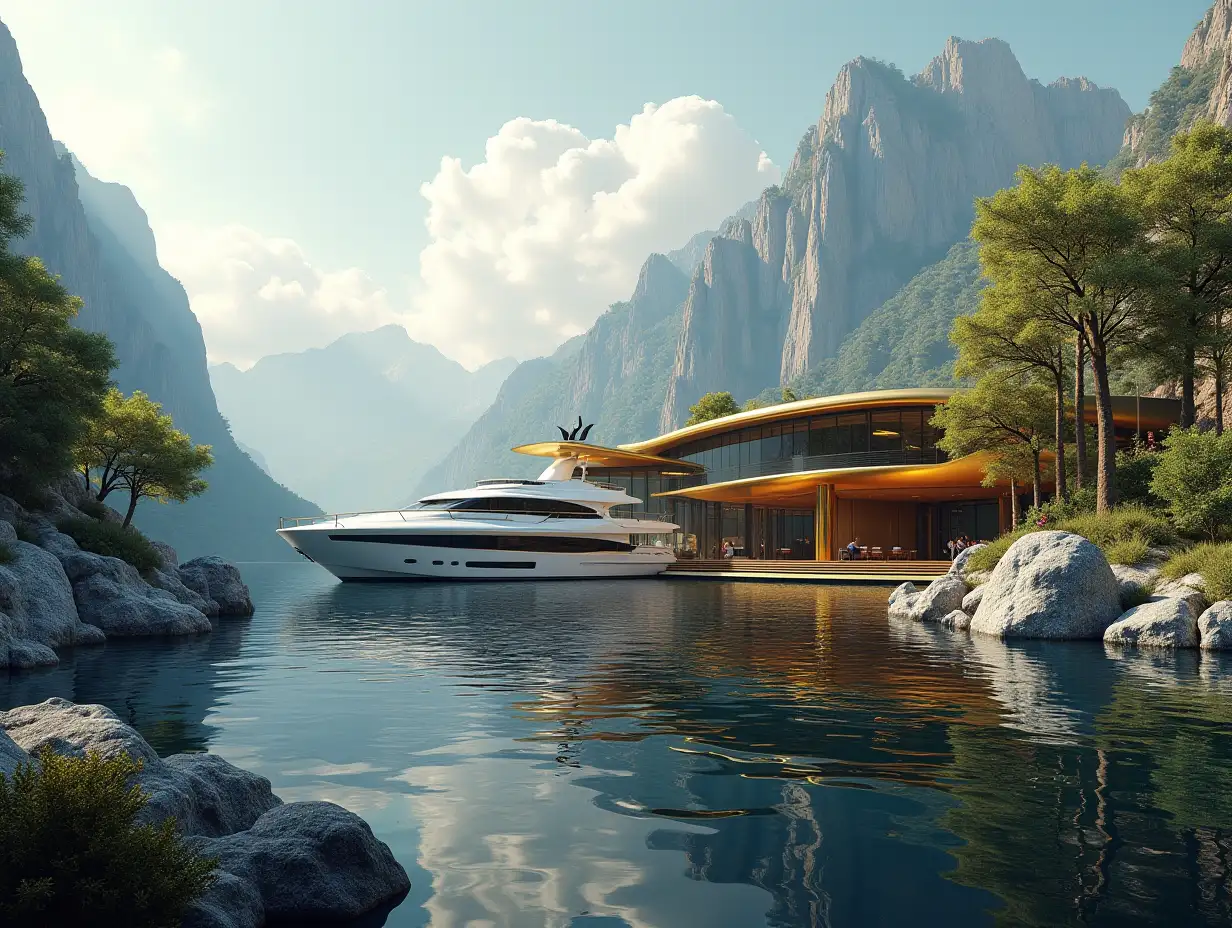 Create a high-resolution realistic image in 4k resolution of a futuristic gold with black building with curved pillars, mountains large trees, rocks flowers a futuristic big white yacht with glass window cloudy sky