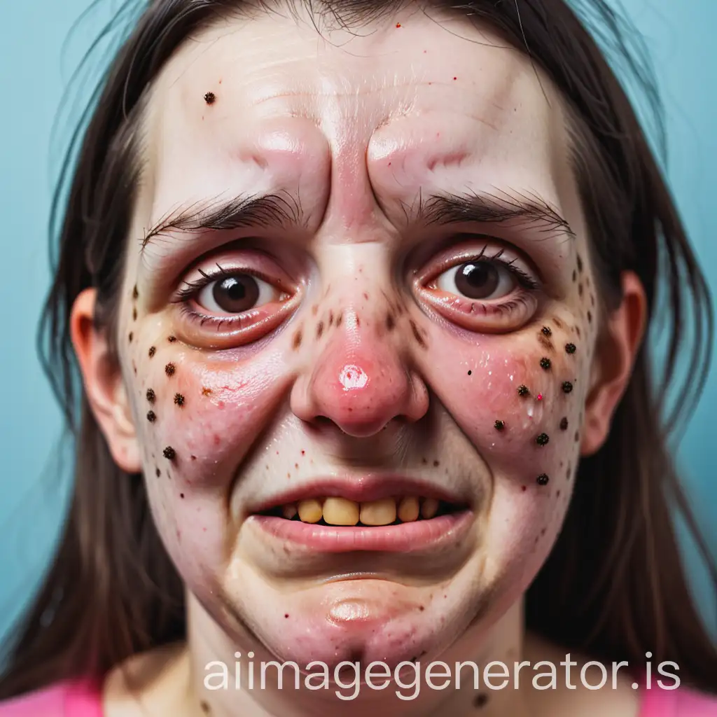 comically ugly woman's face, blemishes and moles, portrait