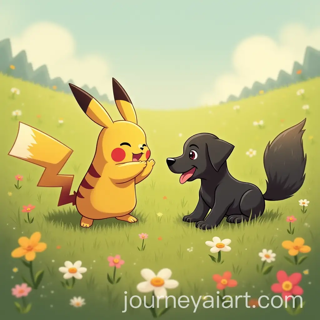 Pikachu-Playing-with-Fox-and-Black-Labrador-on-a-Flower-Meadow