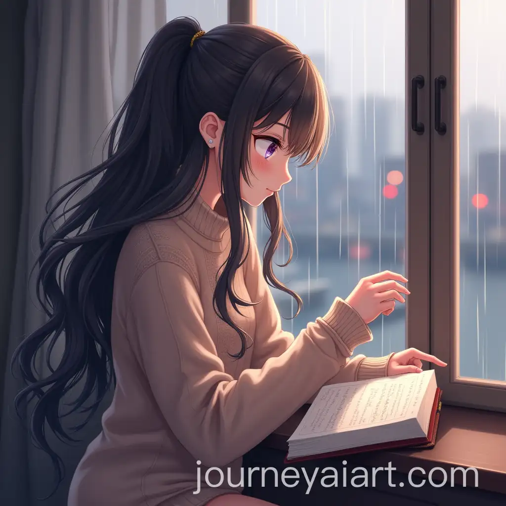 Elegant-Anime-Girl-Sitting-by-Window-on-a-Rainy-Day-Narrating-a-Romantic-Novel