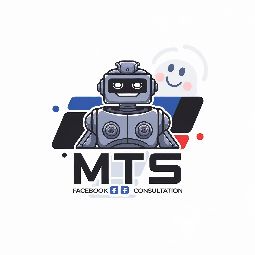 LOGO Design for MTS AI Automation Facebook Consultation with Happy Face in Blue White Black and Red