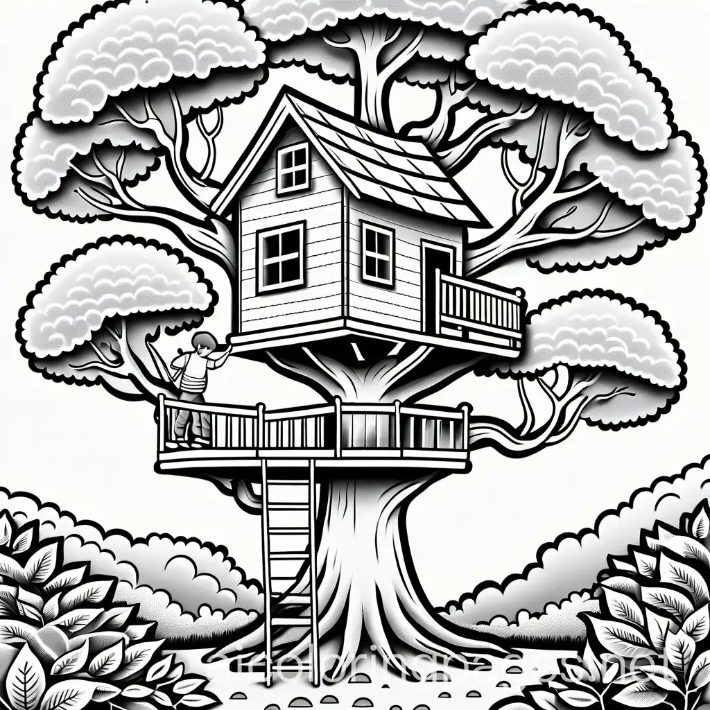 A boy building a treehouse, Coloring Page, black and white, line art, white background, Simplicity, Ample White Space. The background of the coloring page is plain white to make it easy for young children to color within the lines. The outlines of all the subjects are easy to distinguish, making it simple for kids to color without too much difficulty