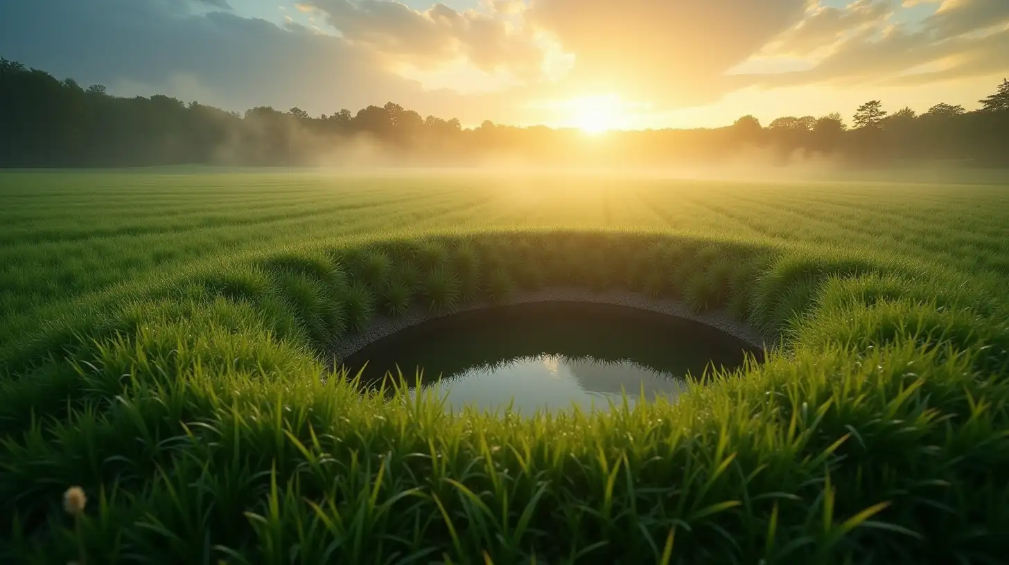 Mysterious Green Mist Emanating from a Hole in a Grass Field at Sunset