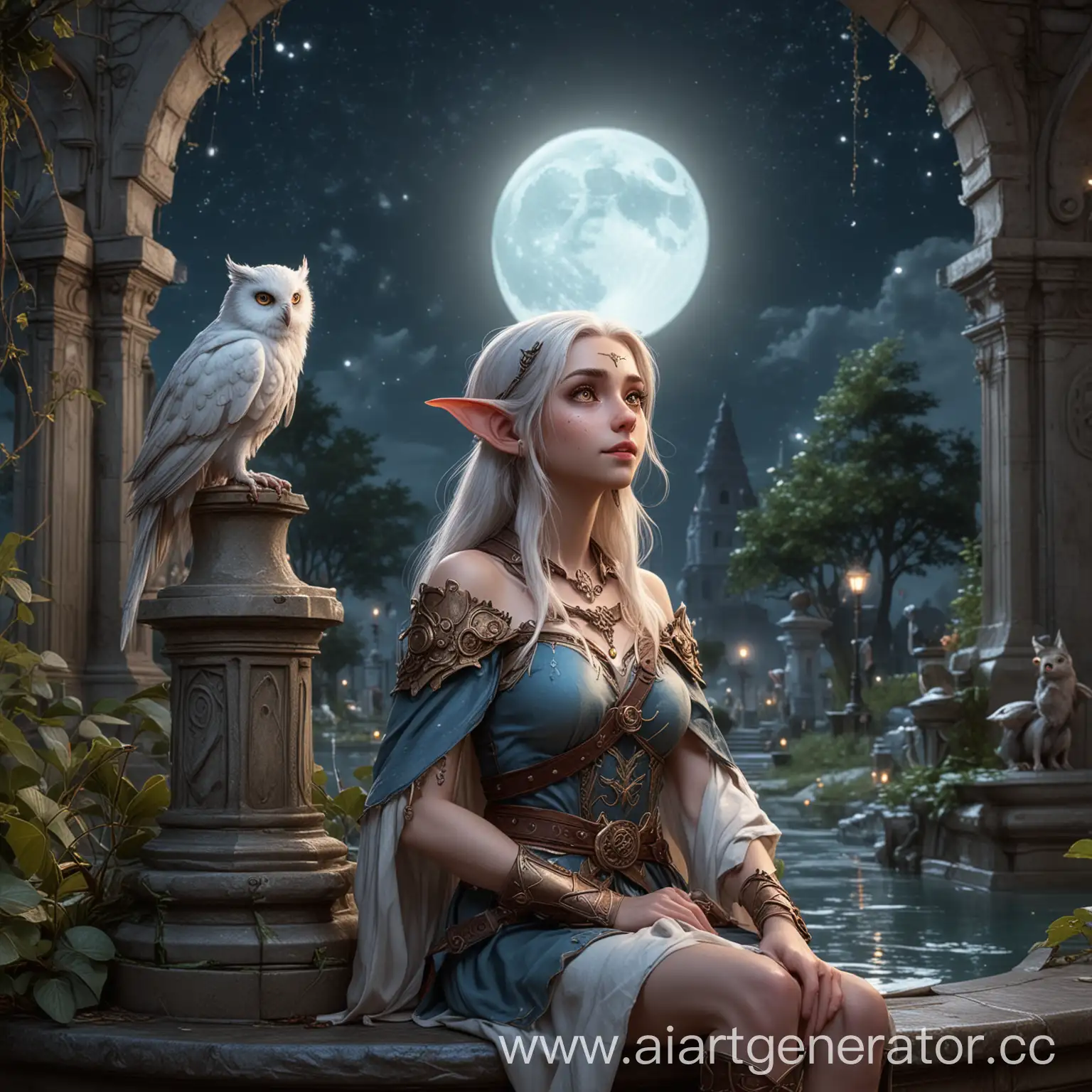 Lunar-Elf-Girl-with-Owl-and-Rats-Under-Moonlight-by-Fountain