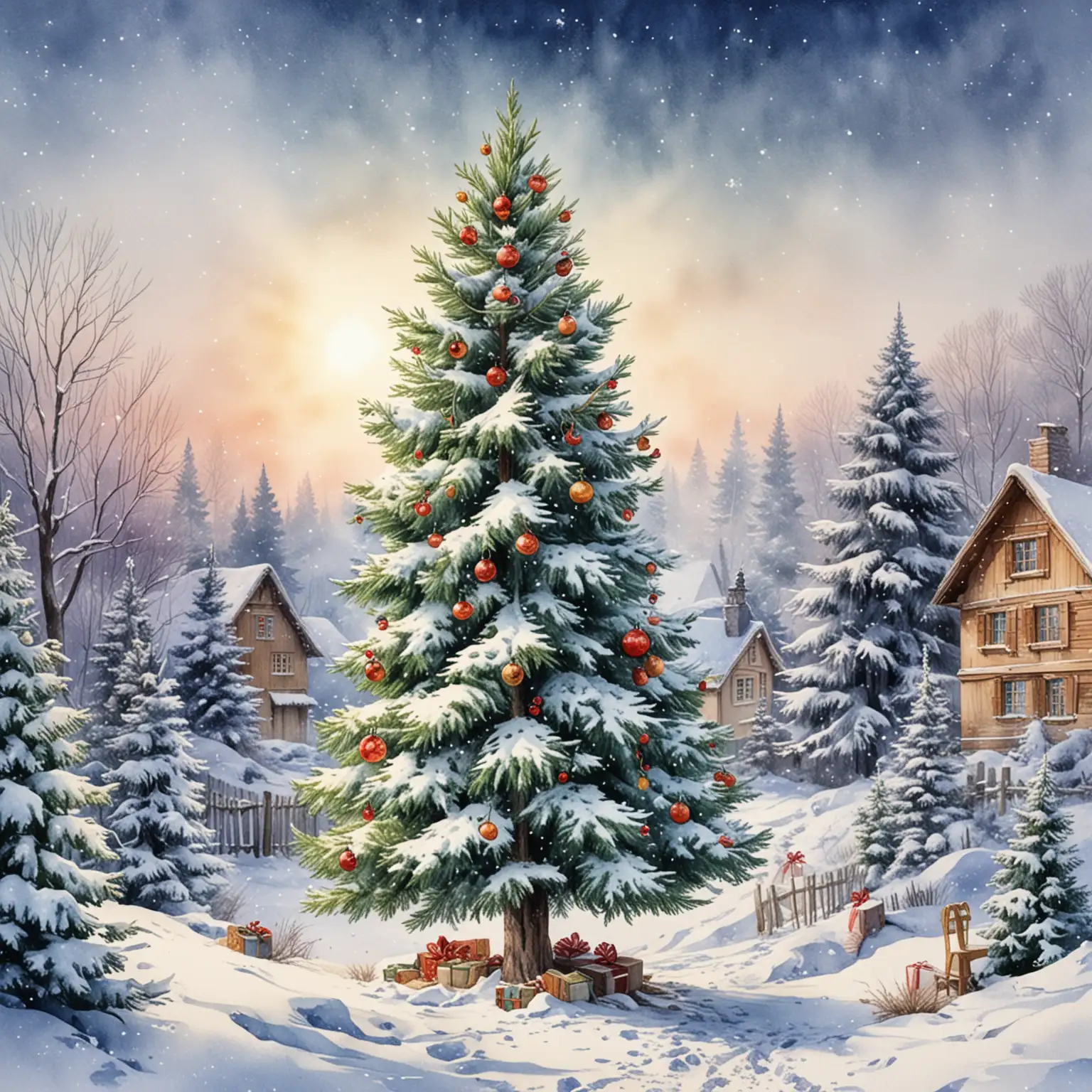 New-Year-Celebration-with-Snow-Christmas-Tree-and-Holiday-Gifts-in-Watercolor