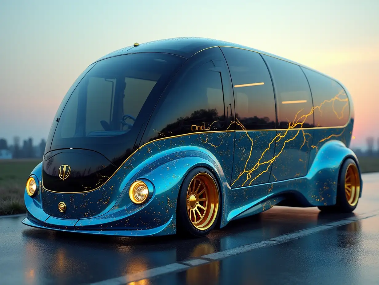 Supermoderne utopische Sportarten Omnibus with gold black Lightning blue color with round Ornaments,lowered bodywork, 18-inch rims, aluminum wheels, Creamblue Gold, Cyberpunk.