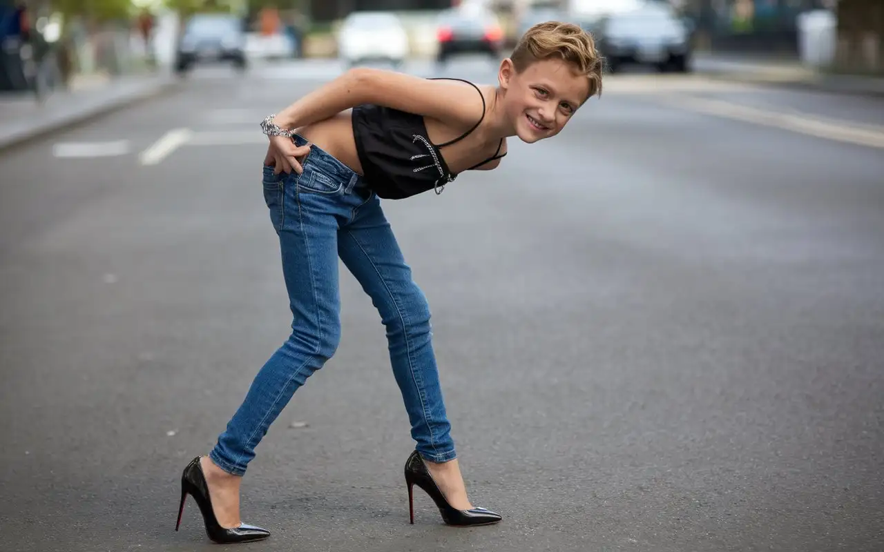 little young boy wear black spagetti strap top and blue skinny jeans and black louboutin high heels and long legs and staying on street and smiling