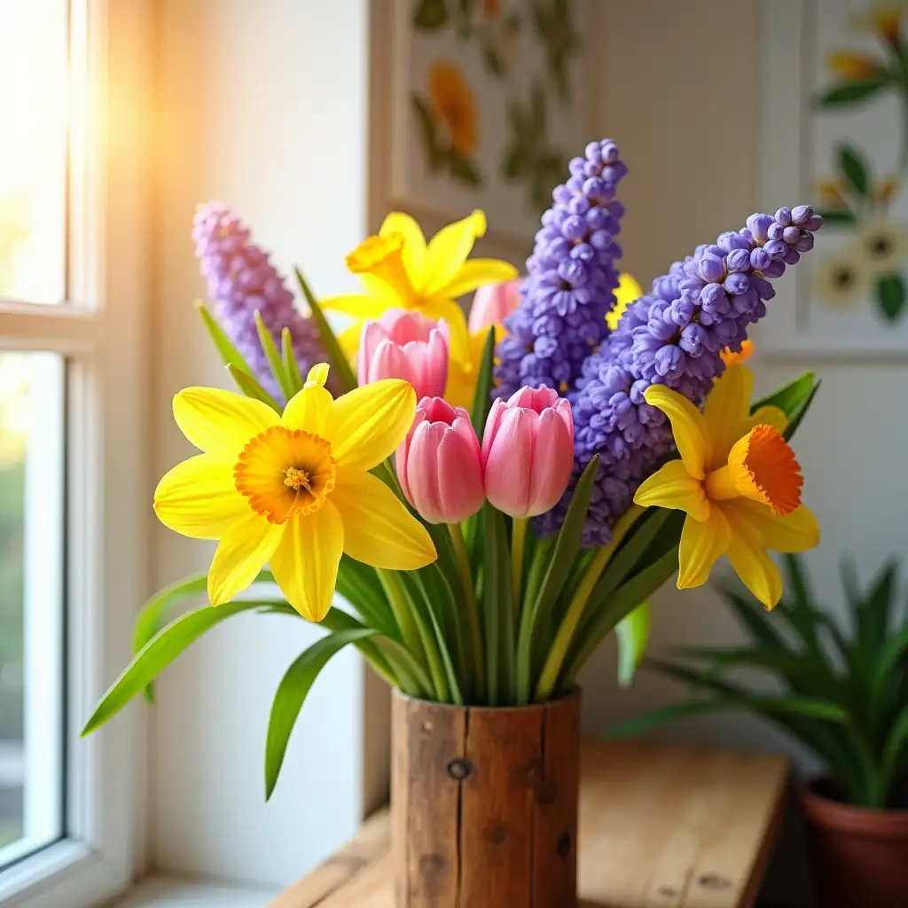 A vibrant spring bouquet arranged in a rustic wooden vase. The flowers include bright yellow daffodils, soft pink tulips, and deep purple hyacinths, all in full bloom. Sunlight streams through a nearby window, casting warm golden rays on the arrangement, creating a soft, cheerful atmosphere. The background features a lightly painted white wall adorned with botanical prints, enhancing the freshness of the scene