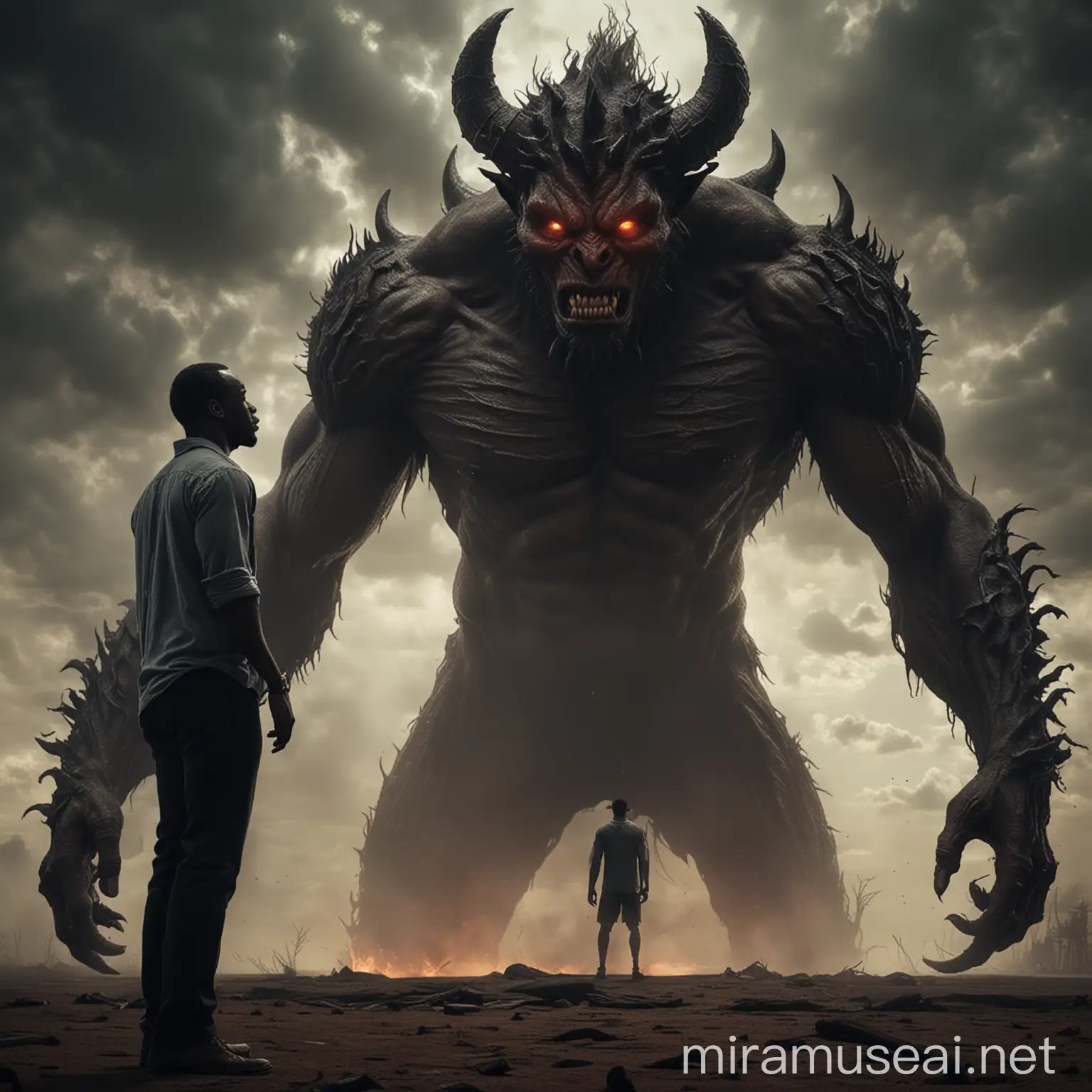 African American Man Confronting Giant Demon in Epic Battle