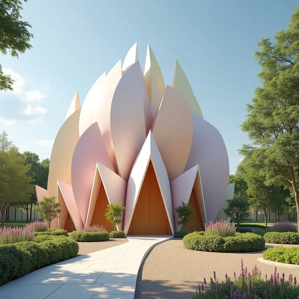 Petals-Shaped-Building-with-Pastel-Colors-and-Beautiful-Landscaping-on-a-Sunny-Day