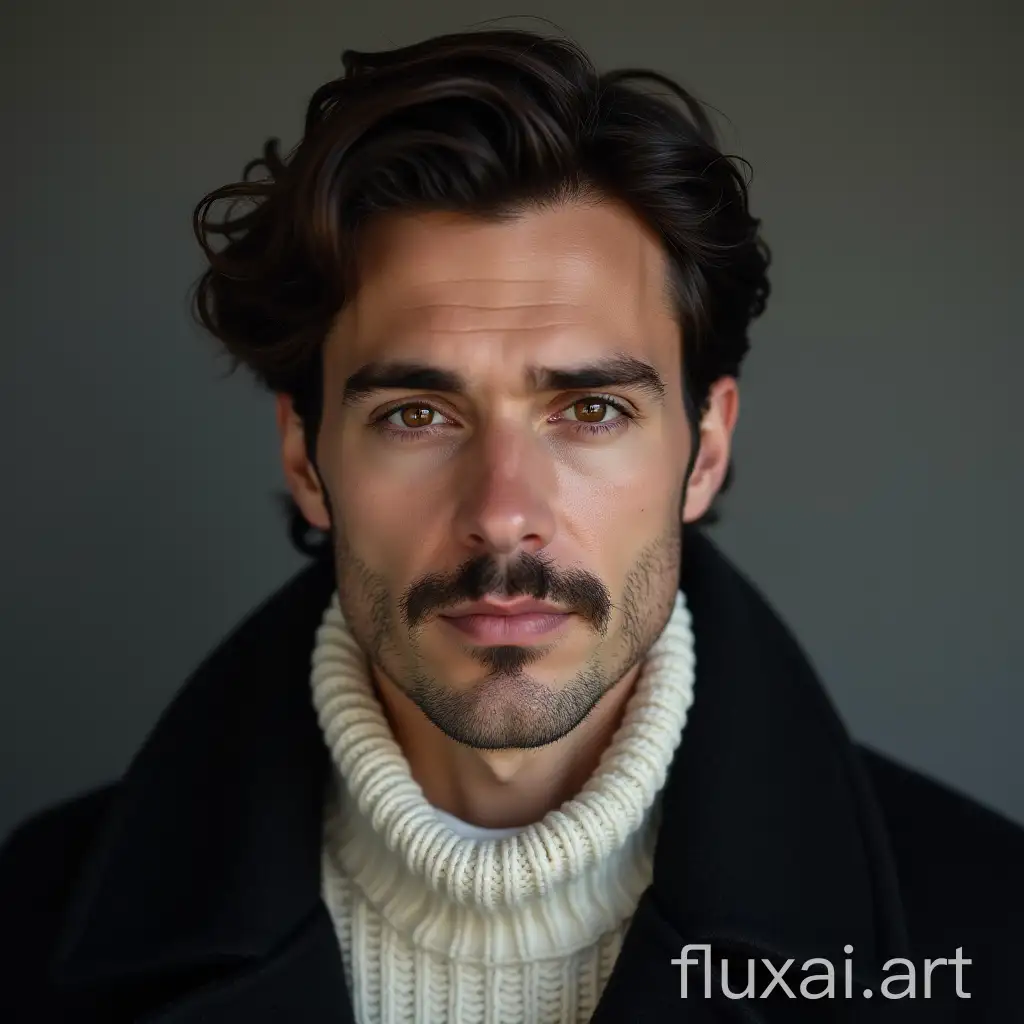 A man, brown eyes, short hair, mustache, dark hair, white sweater, dark overcoat