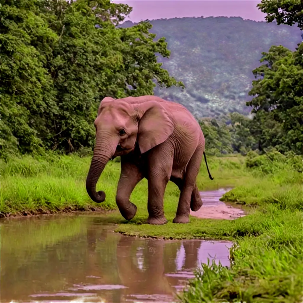 running elephant in forest across the river