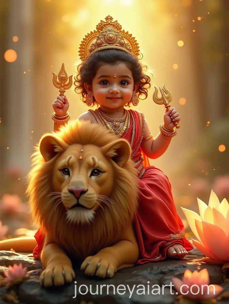 Baby-Goddess-Durga-on-Majestic-Lion-in-Serene-Divine-Setting