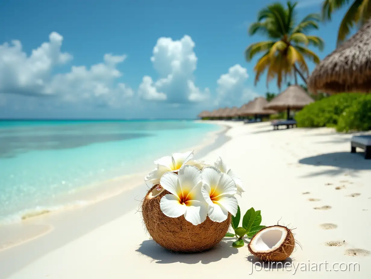 TropicalTropical-beach-with-coconuts-Maldives-Beach-with-Coconut-Palms-Huts-and-Hibiscus-Flowers
